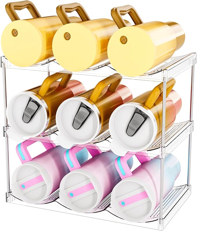 Stackable Water Bottle Organizer for Cabinet,3 Pack Water Bottle Holder for Stanley Yeti 40 oz Bottle Shelf,Clear Tumbler Storage Organizer,Wine Rack,Cup Organizer for Kitchen Cabinets Counter Pantry