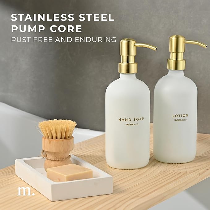MaisoNovo Soap Dispenser 3-Piece Set | 16.9oz White Bottles with Gold Stainless Steel Pumps