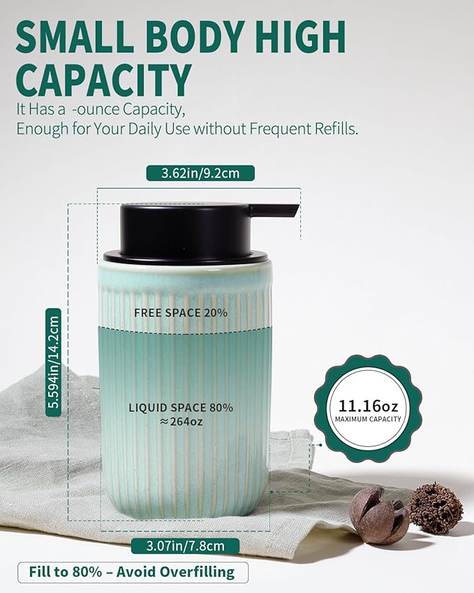 BosilunLife Foam Hand Soap Dispenser - Ceramic Foaming Soap Dispenser for Bathroom 12oz Refillable Liquid Lotion Soap Dispenser with Rust-Proof Foaming Pump for Countertop (Light Green)