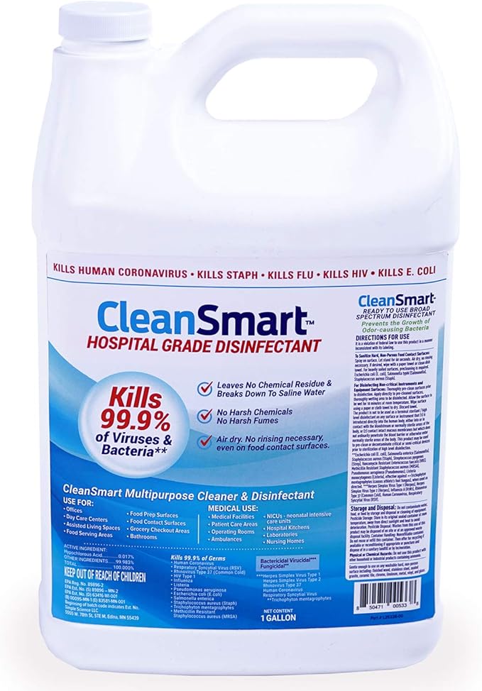 CleanSmart Hospital Grade Disinfectant, Kills 99.9% of Viruses and Bacteria, Hypochlorous Acid Technology, EPA Registered, 4 Gallons (HOCL)