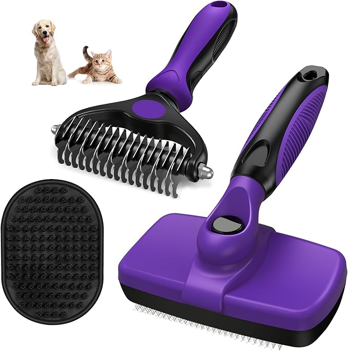 3PCS Self Cleaning Slicker Brush & Pet Grooming Rake & Bath Brush for Dogs,Cats and Horses | Double-Sided Dematting Comb & Skin Friendly Deshedding Grooming Tool | Pet Supplies (Purple Black)