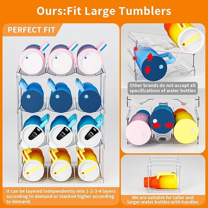 Stackable Water Bottle Organizer for Cabinet,3 Pack Water Bottle Holder for Stanley Yeti 40 oz Bottle Shelf,Clear Tumbler Storage Organizer,Wine Rack,Cup Organizer for Kitchen Cabinets Counter Pantry
