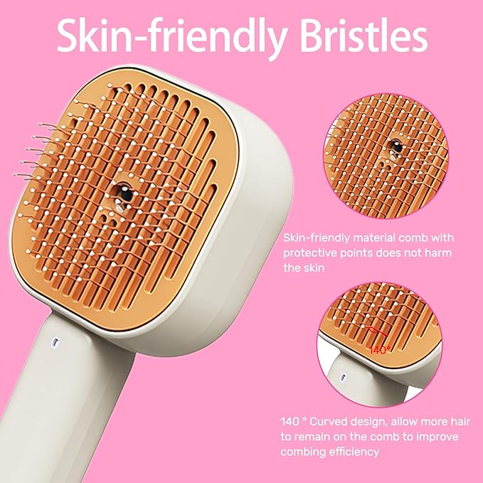 Pet Steam Brush for Cats, 4 in 1 Cat Brush for Long Haired Cats Kittens Dogs for Shedding Grooming Massage Self Cleaning (White Orange)