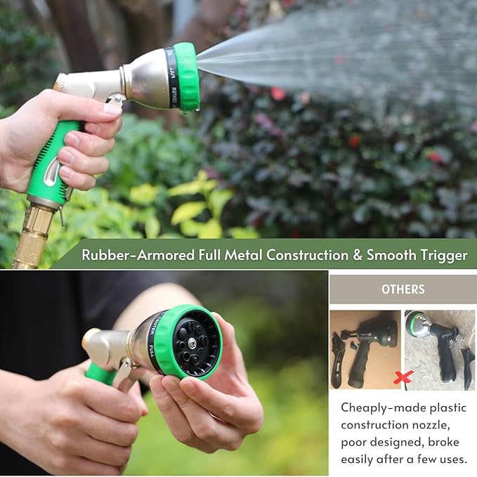 HOSUN Garden Hose Nozzle Sprayer Heavy Duty, 100% Metal Water Hose Nozzle with 8 Spray Patterns, High Pressure Hose Spray Nozzle with Non-Slip Grip for Watering Plant & Lawn, Washing Car & Pet, Green