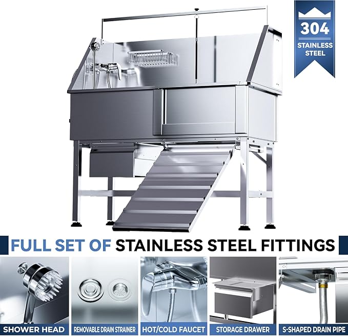 46" Dog Washing Station, Professional Stainless Steel Dog Bathtub w/Ramp & Storage Drawer, Adjustable Grate, Non-Slip Design, Home Grooming & Large Dogs (Right Ramp)