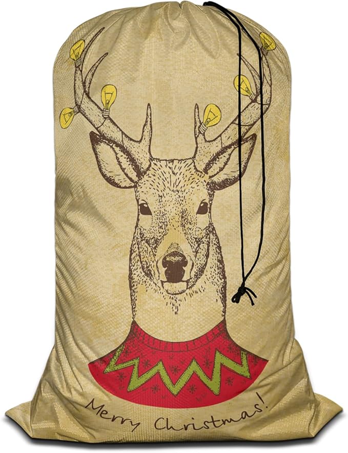Swono Vintage Christmas Deer Drawstring Portable Large Capacity Laundry Bags Retro Merry Christmas Big Antler Yellow Bulb Travel Storage Bags for, Apartments, Vacations, College
