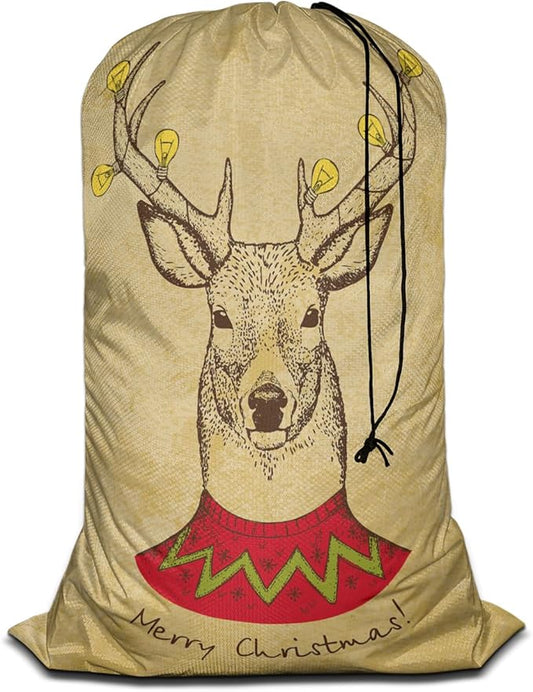 Swono Vintage Christmas Deer Drawstring Portable Large Capacity Laundry Bags Retro Merry Christmas Big Antler Yellow Bulb Travel Storage Bags for, Apartments, Vacations, College