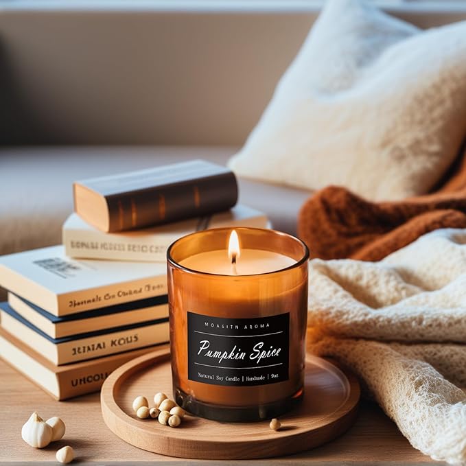 MOASITN Pumpkin Spice Strong Scented Large Luxurious Candles for Home| Organic Soy Fall Candles| Handmade Long Lasting Aromatherapy Jar Candel for Women,Men| as Autumn,Halloween,Relaxing Gifts| 9oz