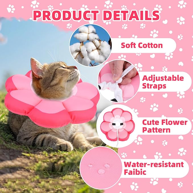 PUPTECK Cat Cone Collar Soft, Adjustable Protective Recovery Flower Collar Alternative, Comfortable Elizabethan Cat Collar Lightweight Stop Licking Neck Cone for Cats After Surgery, Pink, S