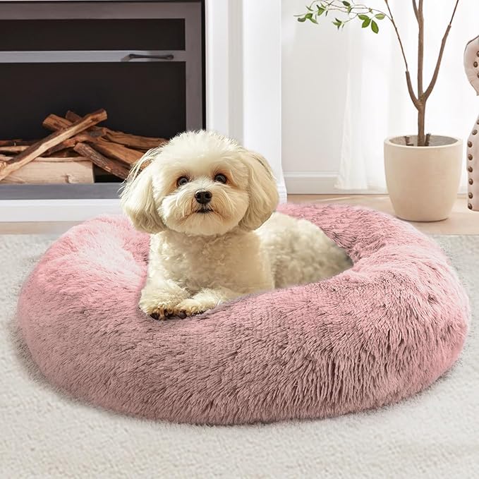 JOLLYVOGUE Small Dog & Cat Beds for Indoor Cats, Donut Cuddler Warming Soft Dog Beds with Anti-Slip Bottom, Round Calming Fluffy Plush Faux Fur Cushion Bed for Medium Dogs (31", Dark Pink)