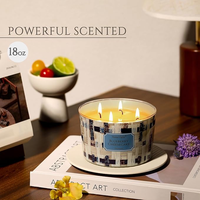 HomeLights Scented Candles for Women & Men, 18oz Candle Jars Aromatherapy 4-Wick Candle, Ideal for Rustic Modern Home Decor and Gifts, Blueberry Cheesecake