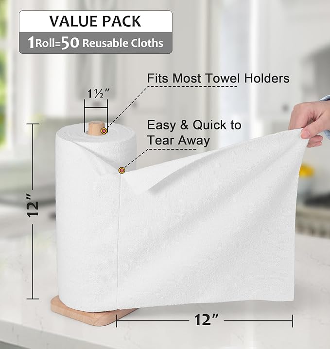UPSTAR Microfiber Cleaning Cloth, Reusable Paper Towels Rolls, Cleaning Rags for Washing Dishes, Kitchen,Bathroom, 12x12 inch,50 Packs/Roll, White