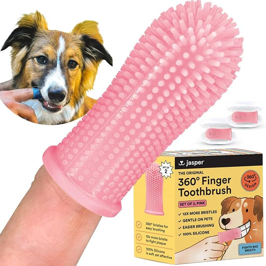 Jasper Dog Toothbrush, 360 Degree Pet Tooth Brushing Kit, Cat Toothbrush, Canine Dental Care & Teeth Cleaning Kit, Pet Finger Tooth Brush, Use with Dog Toothpaste, 2-Pack Pink
