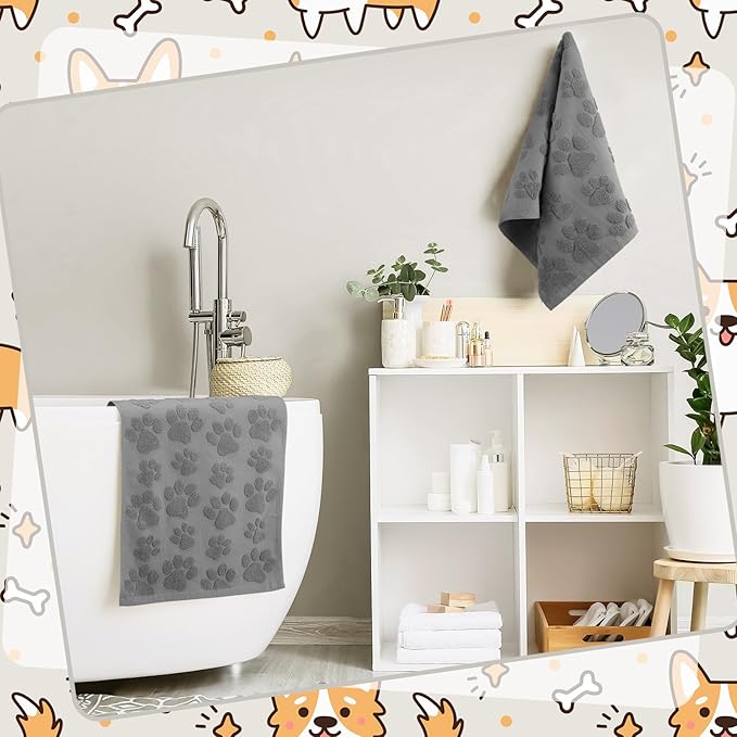 2 Pcs 3D Dog Paw Hand Towels for Bathroom, Cute Gray Dog Paw Jacquard Weave 100% Cotton Absorbent Decorative Towels for Bathroom Kitchen Decor Gift, 13.7 x 29.5 Inch