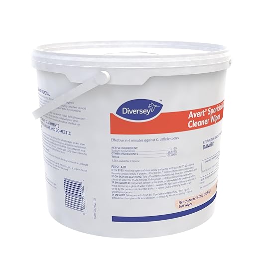 Diversey Avert Sporicidal Disinfectant Cleaner Wipes, 1-Ply, 11 x 12, Chlorine Scent, 160/Canister, (Pack of 1)