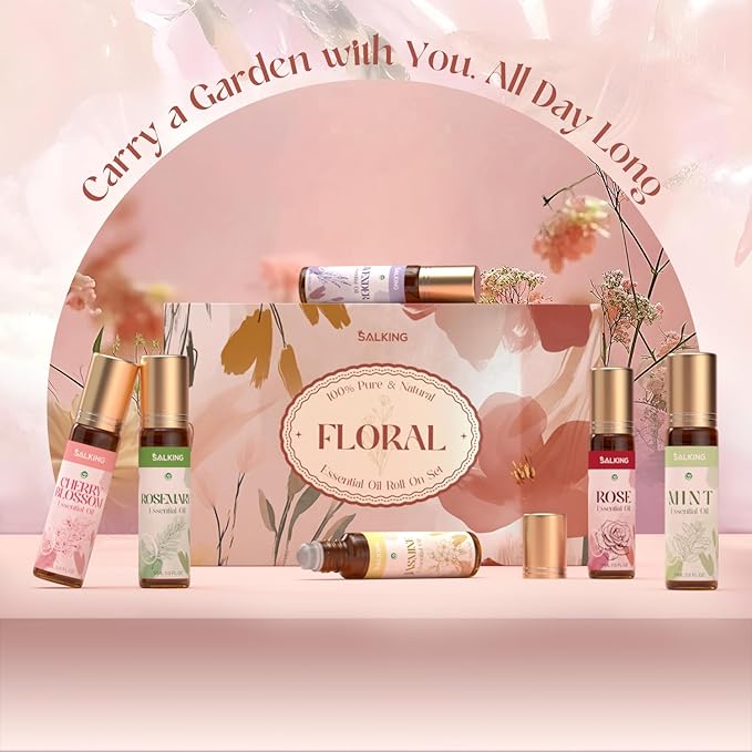 SALKING Essential Oils Roll On Set with Dried Flowers(6 Pack), Aromatherapy Oil with Roller Ball for Skin Use, Natural Fragrance Gift - Rose, Lavender, Cherry Blossom, Jasmine, Mint, Rosemary