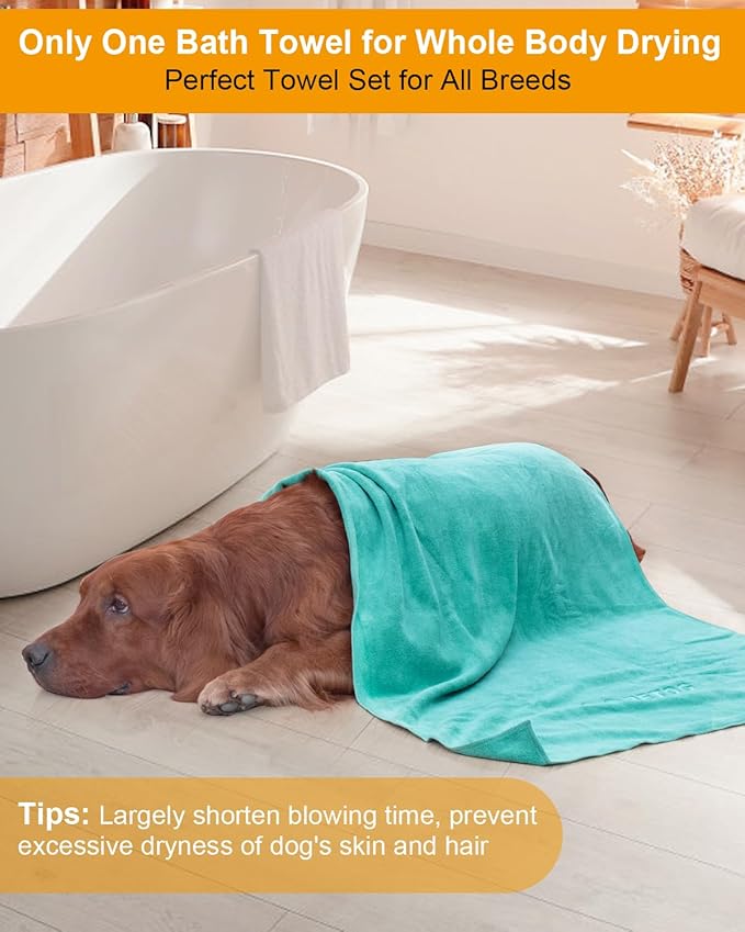 2-PCS Fast Drying Dog Towels - 56 x 28 Inch Ultra Soft & Absorbent Large Dog Towel with 30 x 14 Inch Daily Use Paw Towel - 100% Microfiber Pet Bath Grooming Towels for Dogs Cats, Green