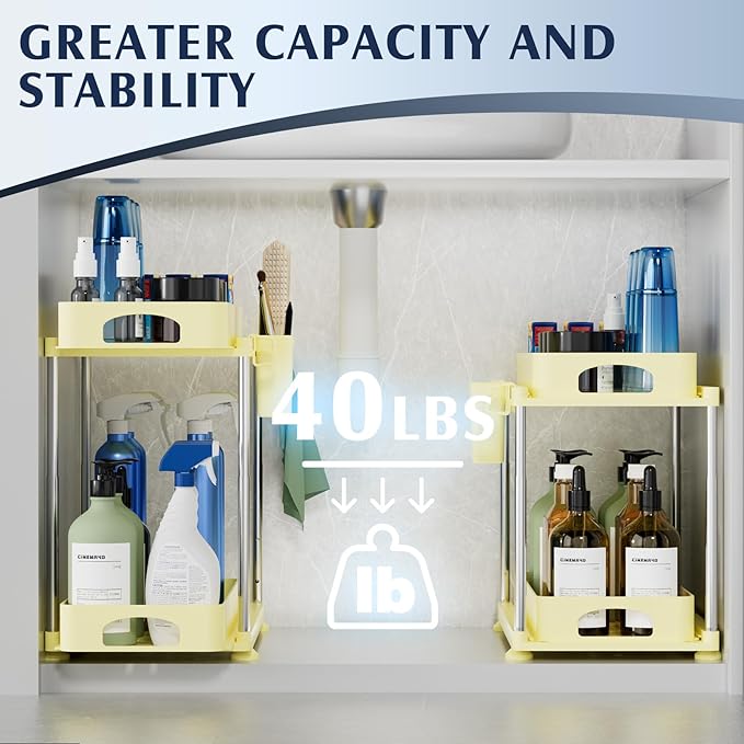 2 Pack Under Sink Organizers and Storage, Height Adjustable Bathroom Cabinet Organizer, 2 Tier Under Sink Organizer with Hooks, Under Cabinet Organizer for Kitchen Bathroom (Yellow
