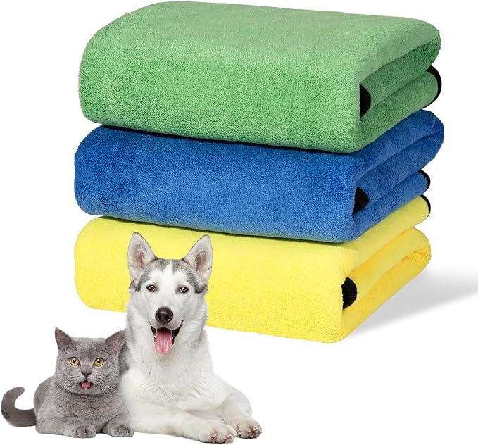 MICOOYO 3PCS Dog Towels for Drying, Super Absorbent Pet Grooming Towels, Quick Drying Dog Bath Towels for Puppy Cats (Green, Blue, Yellow, L)
