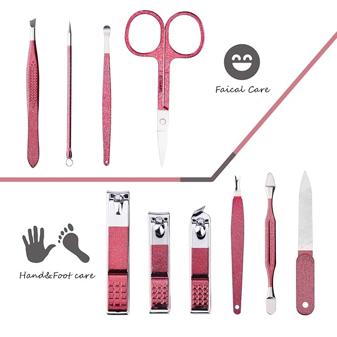 Manicure Set 10 in 1 Stainless Steel, Nail Clippers Scissors Pedicure Tools Kit - Portable Travel Grooming Kit for Men and Women with Leather Case (Rose Red)