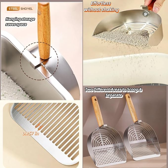 Heavy Duty Aluminum Alloy Cat Litter Scoop with Stand | Beech Wood Grip + Long Handle for Comfort | Deep Sifter for Fast, Efficient Poop/Litter Cleaning | Durable for Litter Box (Long Strip)