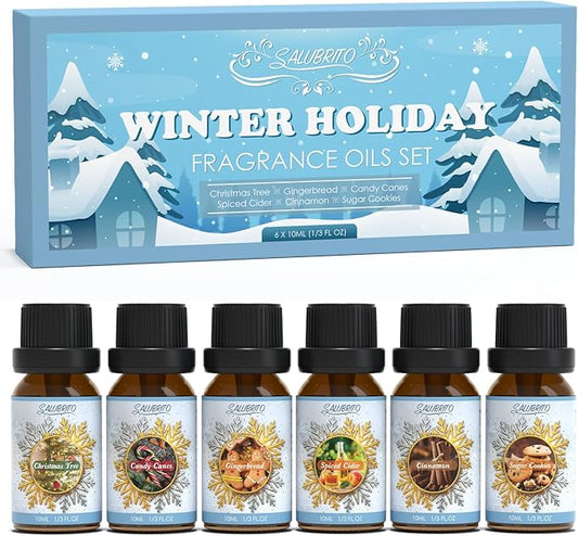 SALUBRITO Winter Fragrance Oils Set, Holiday Essential Oils for Diffuser, Candle, Soap Making - Christmas Tree, Cinnamon, Gingerbread, Candy Cane, Spiced Cider, Sugar Cookies Scented Oil