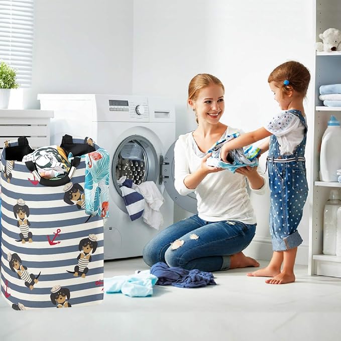 visesunny Collapsible Laundry Basket Dog Sailor Animal Anchor Blue Stripe Large Laundry Hamper with Handle Toys and Clothing Organization for Bathroom, Bedroom, Home, Dorm, Travel
