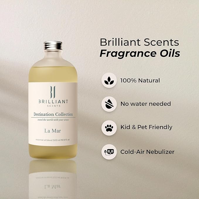 Brilliant Scents La Mar Fragrance Oil 200ml - Premium Diffuser Oil for Home, Office, Hotels - Long Lasting, Plant-Based, Meets IFRA Standards, USA-Made - White Tea, Ginger, Musk