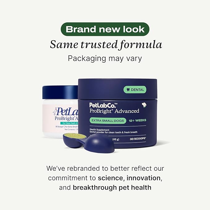 PetLab Co. ProBright Advanced Dental Powder - Dog Breath Freshener - Teeth Cleaning Made Easy – Targets Tartar & Bad Breath - Packaging May Vary - Formulated for Extra Small Dogs