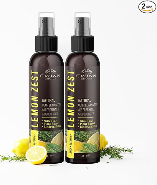 Non-Toxic Odor Eliminator, Natural Citrus Lemon Zest Air Freshener Spray for Home, Room, Closet & Couch Deodorizer, Long Lasting Bathroom & Toilet Freshener, Safe for Kids & Pets - 2 PK - 4 Oz each