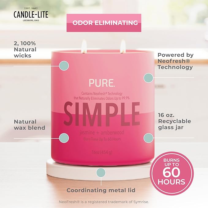 Candle-Lite Pure Jasmine & Amberwood Odor Eliminating Scented Candles, Neofresh Technology Eliminates 99.9% of Odors, 16 oz 2-Wick Jar, Proudly Poured in The USA, Up to 60 Hours Burn Time