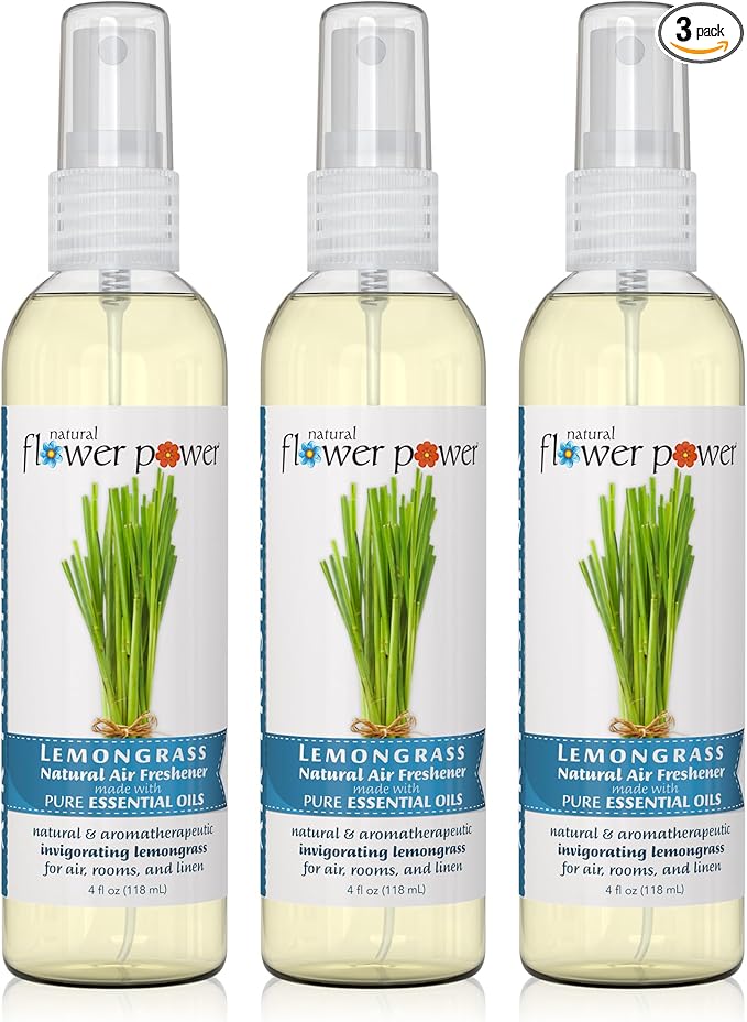Natural Flower Power Air Freshener Spray | Lemongrass 4 Fl Oz | Pack of 3 | Scented w/ Pure Essential Oils | Non-Aerosol Plant-Based Odor Eliminator | Room, Linen, or Car Spray | Cruelty-Free & Vegan