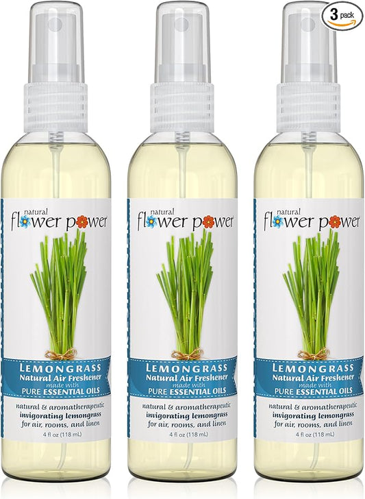Natural Flower Power Air Freshener Spray | Lemongrass 4 Fl Oz | Pack of 3 | Scented w/ Pure Essential Oils | Non-Aerosol Plant-Based Odor Eliminator | Room, Linen, or Car Spray | Cruelty-Free & Vegan