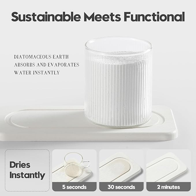 2Pack Water Absorbing Stone Tray for Sink, Diatomite Drying Coasters for Kitchen & Bathroom Counter, Kitchen Soap Dish Makeup Caddy, Dispenser Sponge Holder Space Organizer, White - 8"x 3.8"