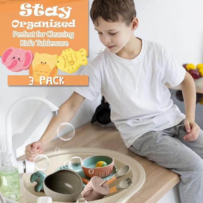 3 Pcs Cute Compressed Wood Pulp Cotton Sponges Bulk Animal-Shaped Reusable and Highly Absorbent for Dishwashing, Kitchen Surfaces, and Bathroom Cleaning, Zoo-EOF