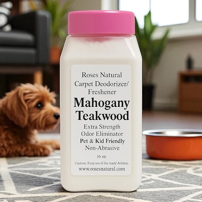 Carpet Deodorizer Powder – Mahogany Teakwood Scent, Extra Strength Odor Eliminator, Pet & Kid Friendly, Non-Toxic, 16 oz