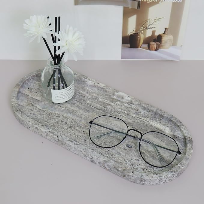 Natural Marble Tray, Oval Vanity Decorative Tray for Bathroom Counter, Countertop Stone Organizer, Catchall Tray for Kitchen, Perfume, Candles, Jewelry Dish Decorative Tray