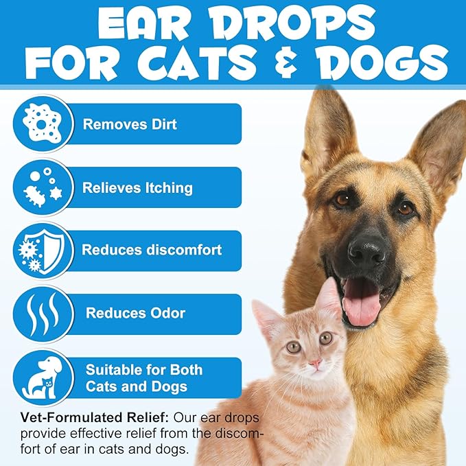 Bieyoc Pet Ear Drops for Dogs and Cats, Dog and Cat Ear Clean and Soothe Ear Irritations, Pet Ear Cleaner Helps to Remove Wax, Stains & Dirt, 2.02 Fl.Oz