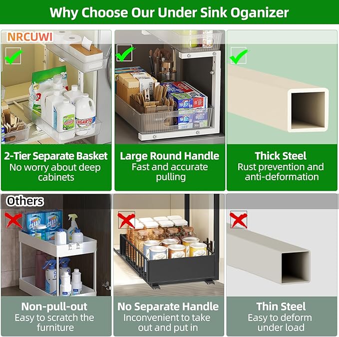 2 Pack Under Sink Organizer, Pull Out Cabinet Organizer 2 Tier Slide Out, Under Sink Organizers and Storage Height Adjustable for Kitchen Bathroom Cabinet, Metal