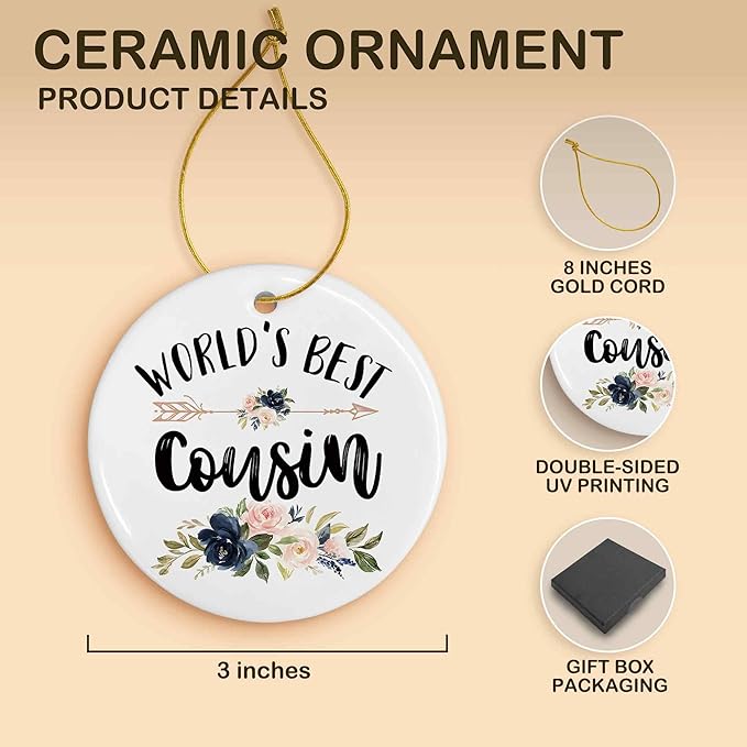 World's Best Cousin Ceramic Ornaments Gifts, Cousin Round Hanging Ornament Decor Decorations for Christmas Tree Car, Thank You Appreciation Gifts for Cousin Birthday Holiday