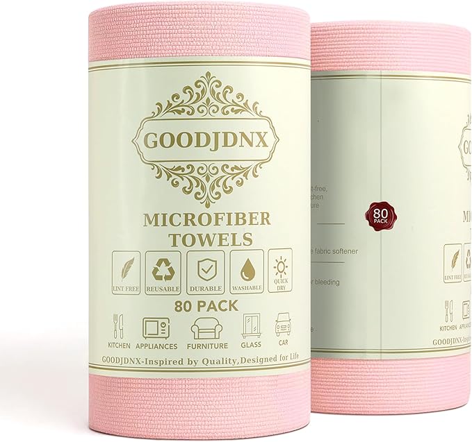 Microfiber Cleaning Cloth Roll – 80 Pack, 12"x 12", Tear-Off Reusable Towels, Washable, Lint-Free, Ultra Absorbent Dish Rags for Kitchen, Car, Garage, Home