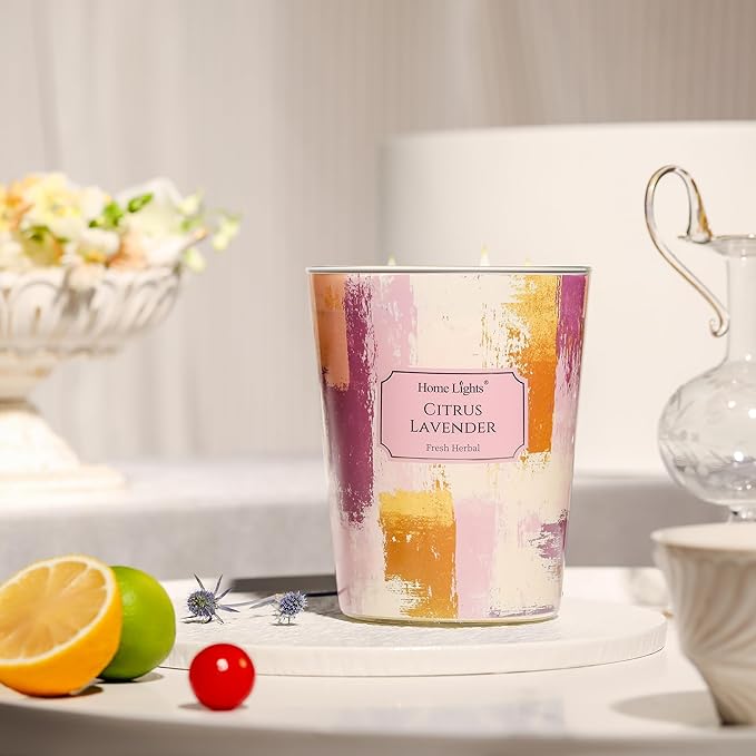 HomeLights Citrus Lavender Scented Candles | 34oz Soy Candles Scandinavian Minimalist Design 3-Wick Large Candle Jars | Ideal Candle Gifts for Events, Home Decor Stress, Relief & Relaxation