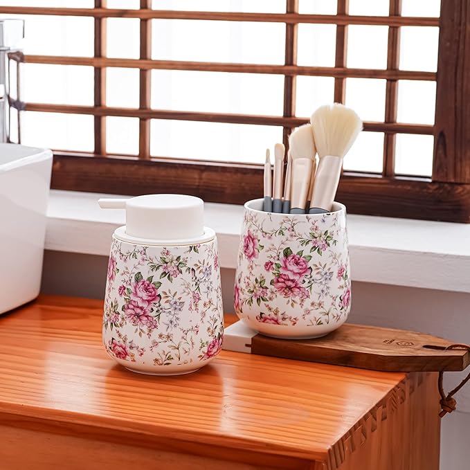 Soap Dispenser, Ceramic Foaming Soap Dispenser with Easy-to-Press Pump for Bathroom (Flowers Foam Dispenser)