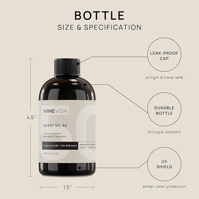 VINEVIDA Mahogany Teakwood Fragrance Oil for Cold Air Diffusers - 4 Fl Oz - Essential Oils for Diffuser Oil Refill & Air Freshener Room Spray