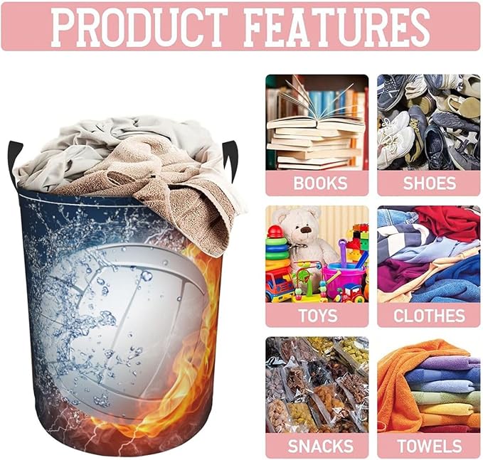 Volleyball Laundry Hamper Bag With Waterproof Liner - Sport Themed Round Laundry Basket Foldable Clothes Storage Organizer For Bathroom Bedroom Nursery Dorm, S-16.5"X 13.8"