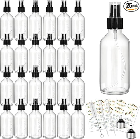 CycleMore 25 Pack 4oz Clear Glass Spray Bottles with Fine Mist Sprayers, Glass Travel Bottles for Cosmetic Essential Oils Cleaning Solutions Perfumes & More Liquids (1 Brush, 2 Funnels and 36 Labels)