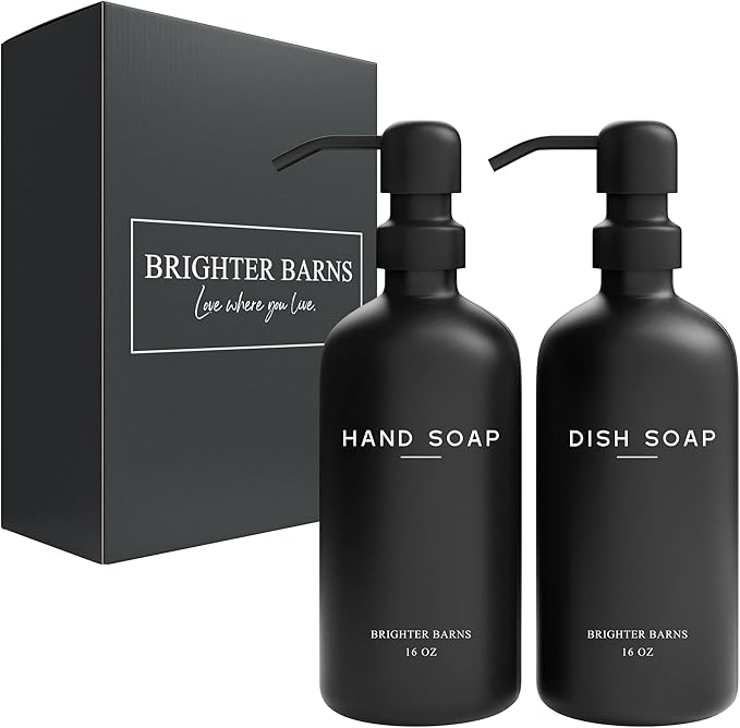 Black Glass Hand and Dish Soap Dispenser Set by Brighter Barns - Kitchen Soap Dispenser Set & Pump - Glass Bottles for Kitchen Sink - Modern Farmhouse Counter Decor, Neutral Home Decor, Gifts (Black)