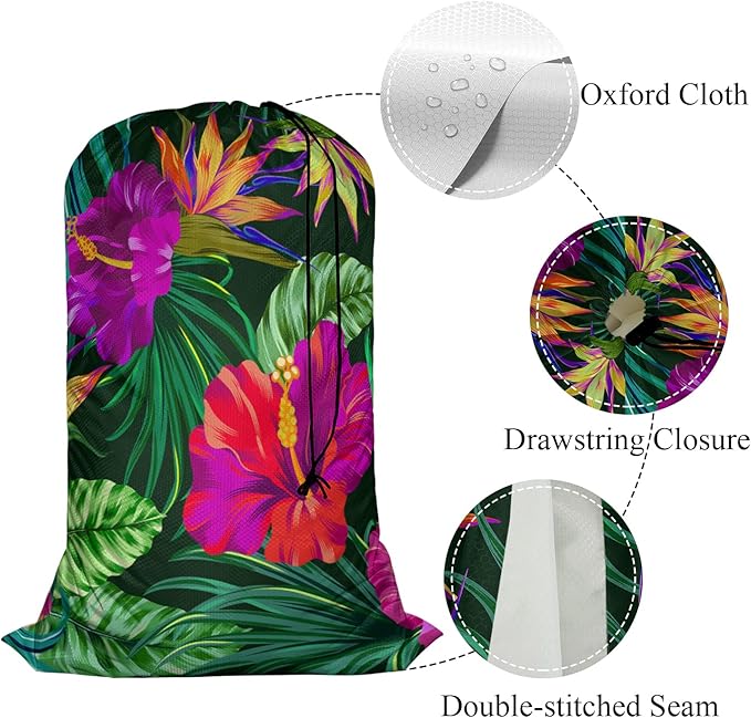Swono Tropical Flowers Drawstring Closure Dirty Clothes Bag Organizer, Heavy Duty Large Laundry Bag, Floral Pattern Botanical Hibiscus Palm Leaf Bird Summer Rip-Stop Bags for Camp Travel