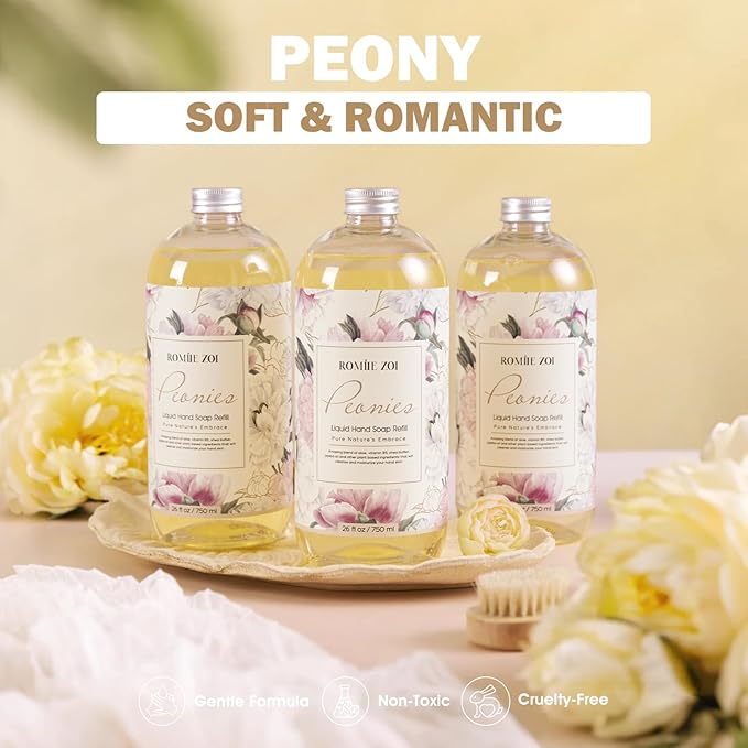 ROMIIE ZOI Liquid Hand Soap Refills Gift Set – Peony Scent – 3 x 26 Fl Oz Bottles – Plant-Based, Non-Toxic, Gentle & Moisturizing Formula with Essential Oils – for Bathroom, Kitchen & Home Gifting