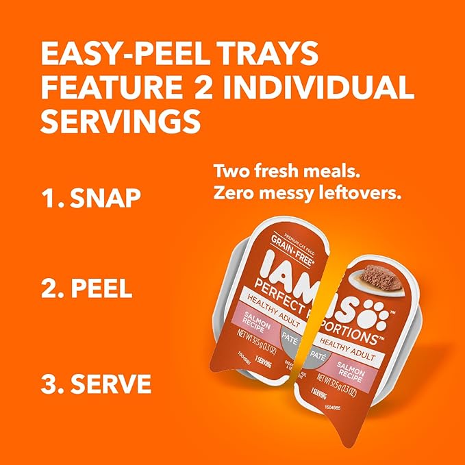 IAMS Perfect Portions Healthy Adult Grain Free Wet Cat Food Pate, Salmon Recipe, 2.6 oz. Easy Peel Twin-Pack Trays (24 Count, 48 Servings)